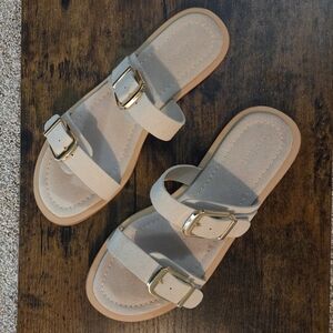 Double Buckle Slide Sandals in Light Taupe